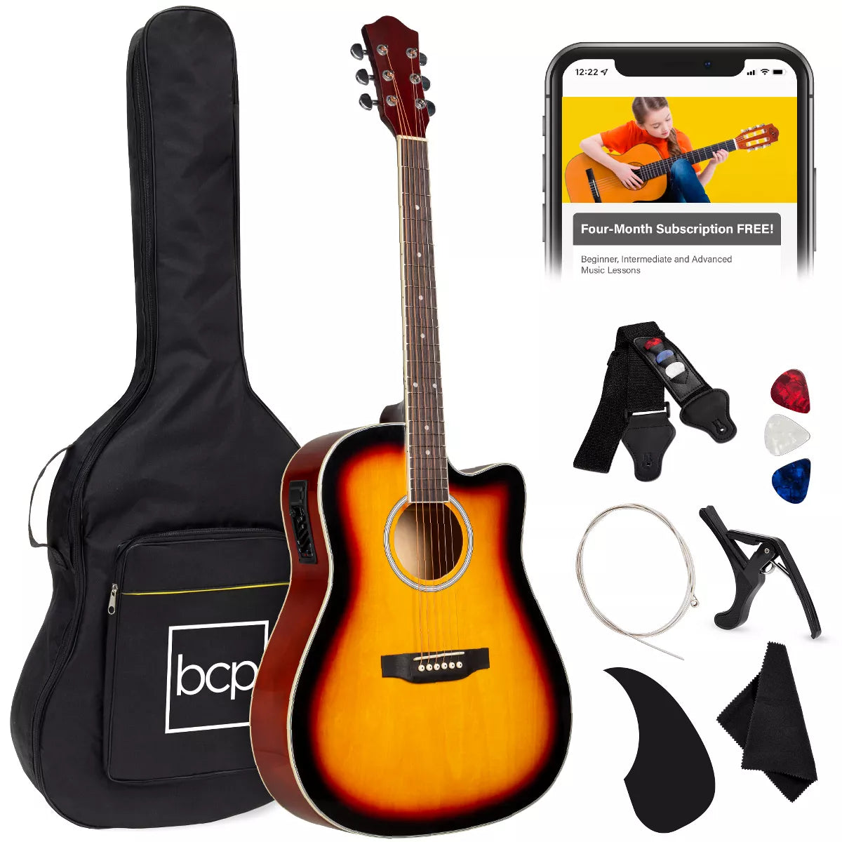 Best Choice Products Beginner Acoustic Electric Guitar Starter Set 41In W/ All Wood Cutaway Design, Case