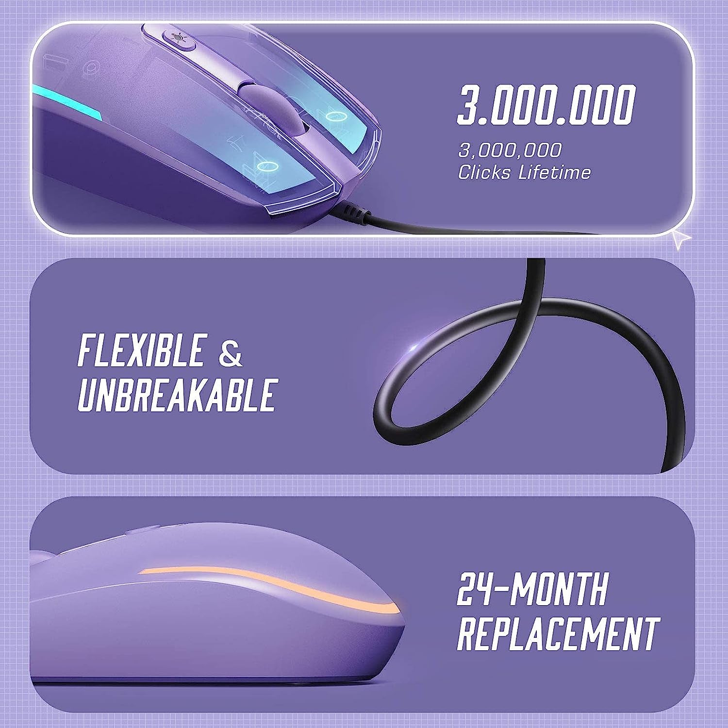 Wired Mouse - USB Computer Mouse with RGB Backlit Optical LED, Attached USB Cord for Laptops, Notebooks, Chromebook - Purple