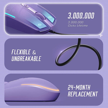 Wired Mouse - USB Computer Mouse with RGB Backlit Optical LED, Attached USB Cord for Laptops, Notebooks, Chromebook - Purple